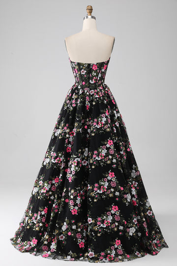 Luxurious Black A Line Sweetheart Corset Prom Dress with Appliques